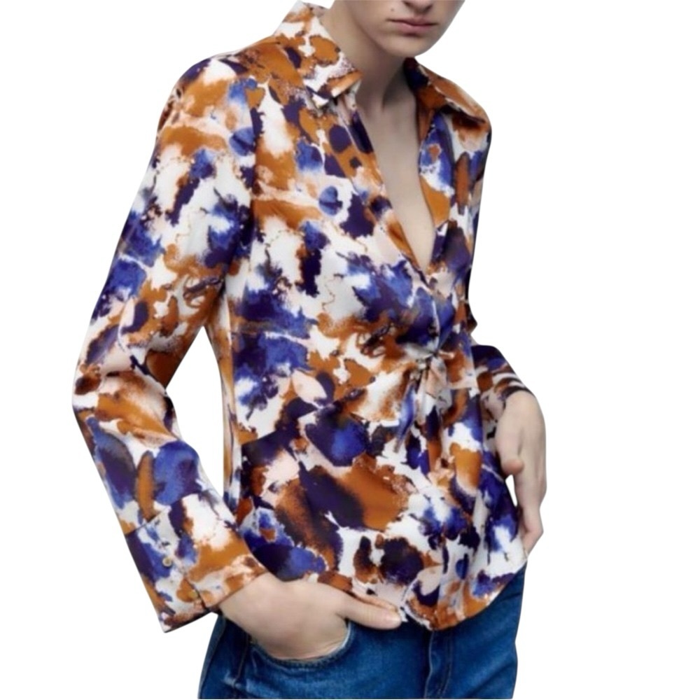 Zara Brown & Blue Abstract Print Satin Twist Front V-Neck Collared Blouse - S